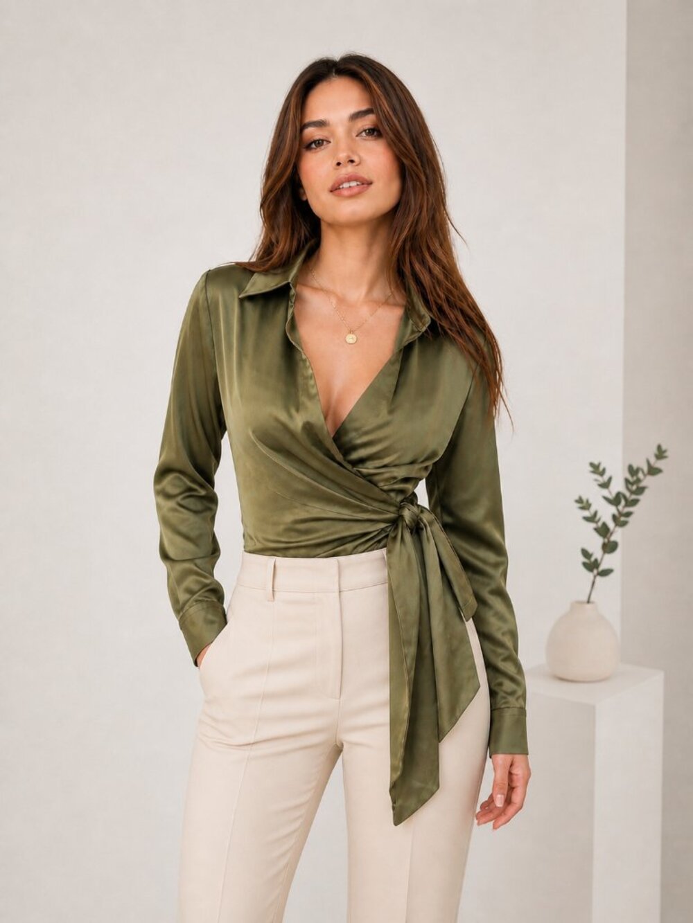 WAYF Olive Satin Wrap Blouse XS Adjustable Tie Waist Elegant Chic Top NWT